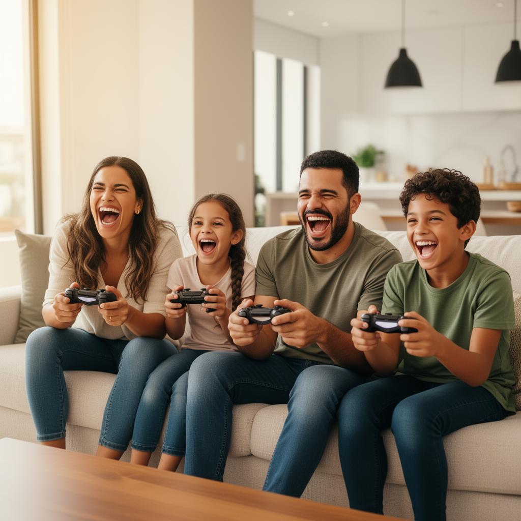 Família reunida jogando videogame na sala